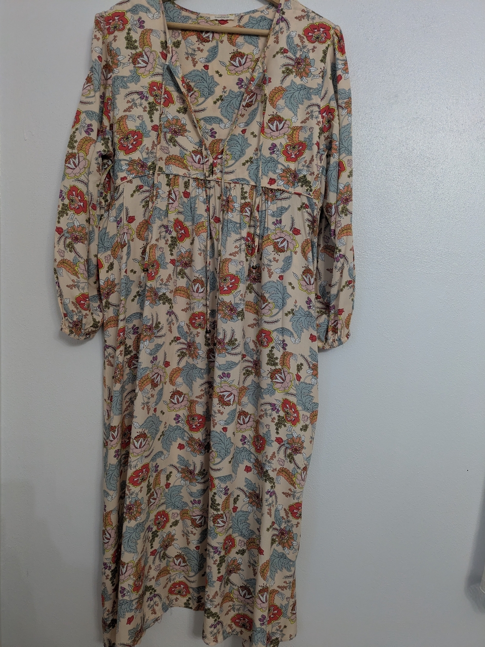 Bohemian Cream Floral Maxi Dress with Red & Blue Accents